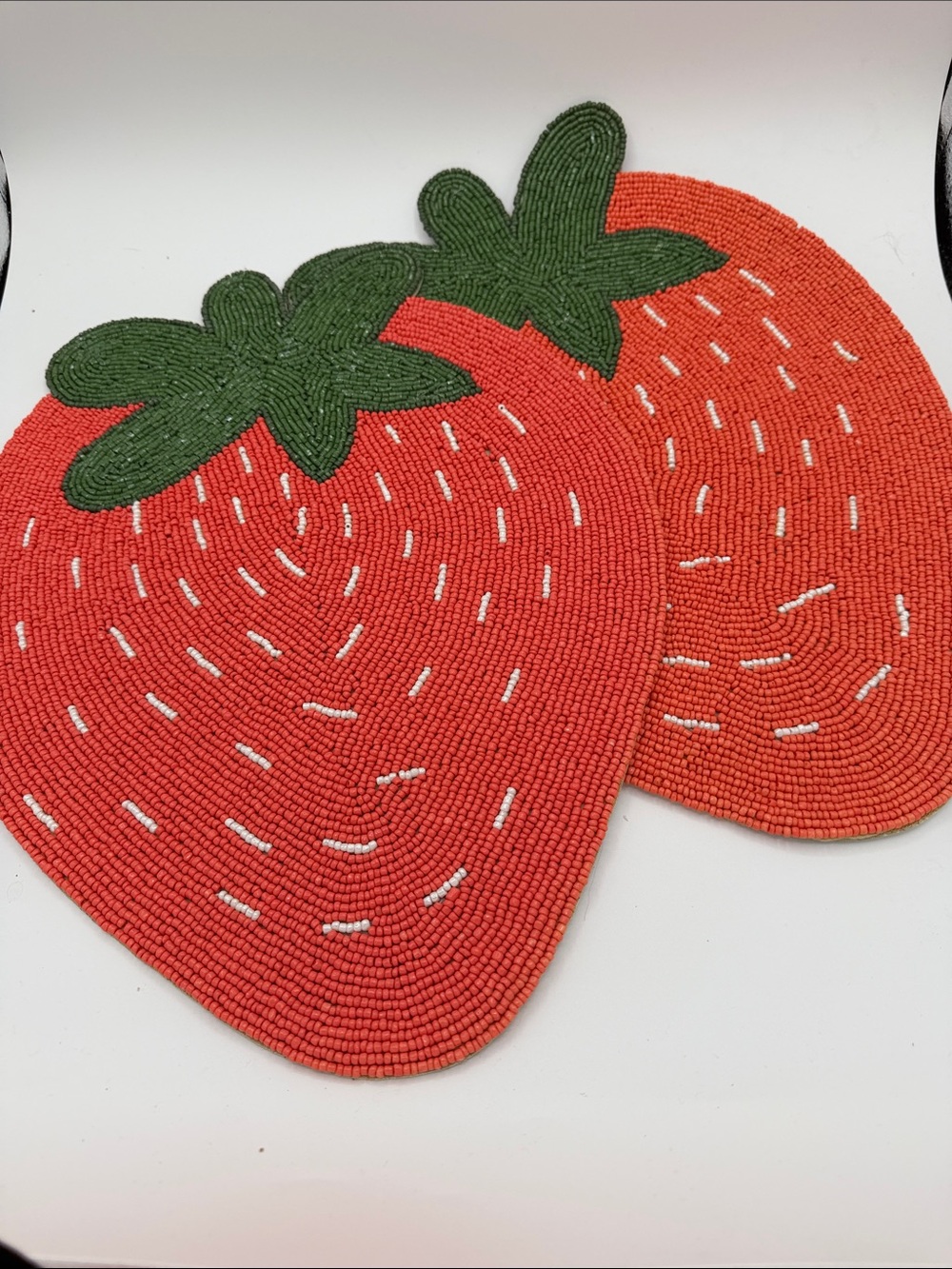 Hand Beaded Strawberry Placemat Charger 15" Summer Fruit Set of 2 NEW